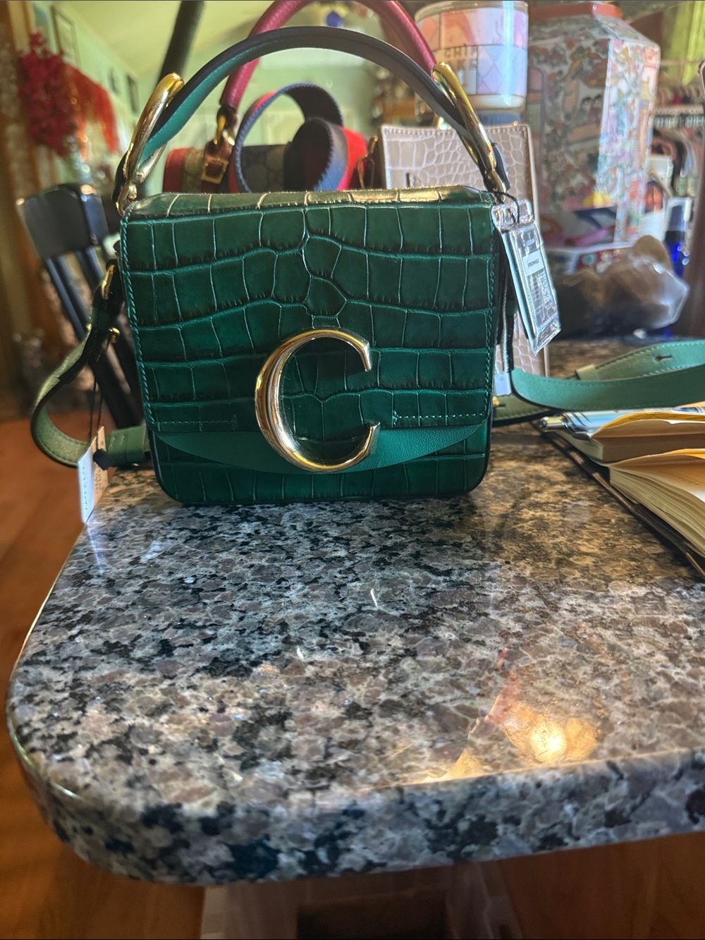 Chloe Green Croc-Embossed Mini Top Handle Crossbody with Gold C